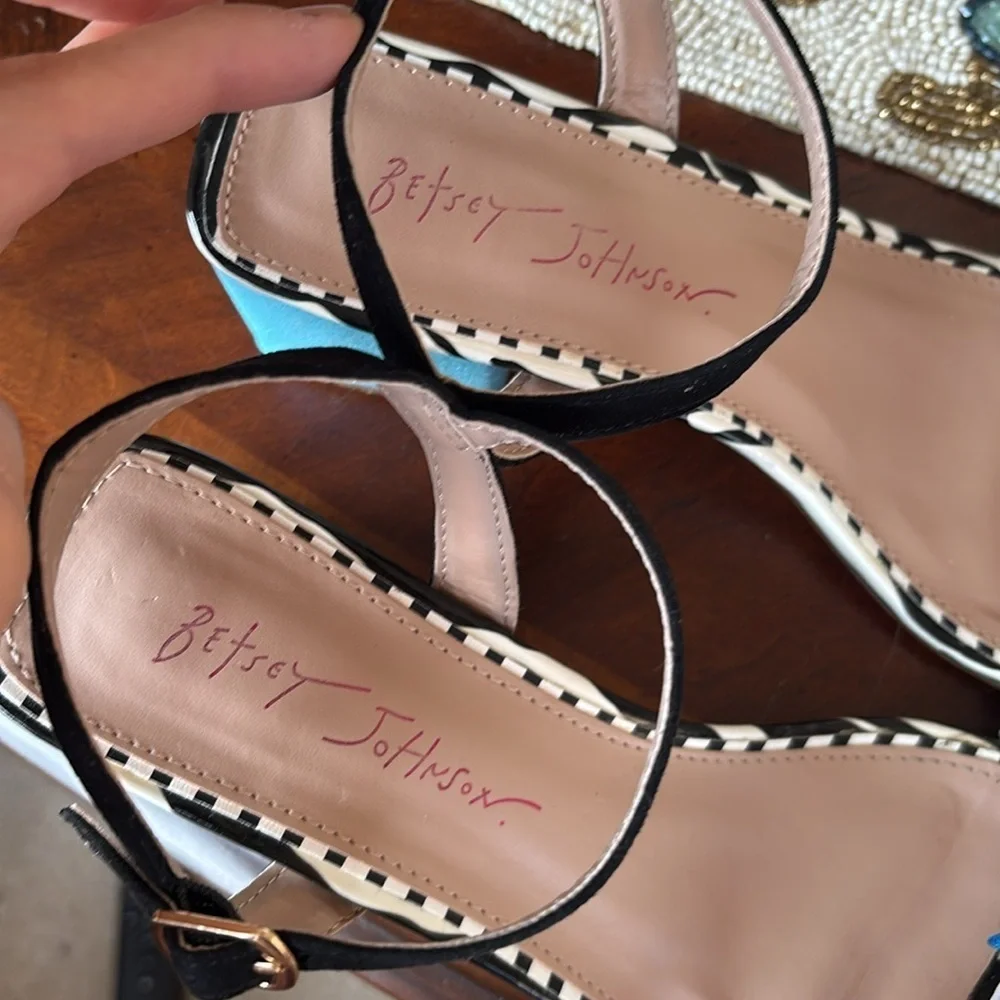 BETSEY JOHNSON Black Embellished Ankle Strap Open Toe Block Heel Beaded Sandals